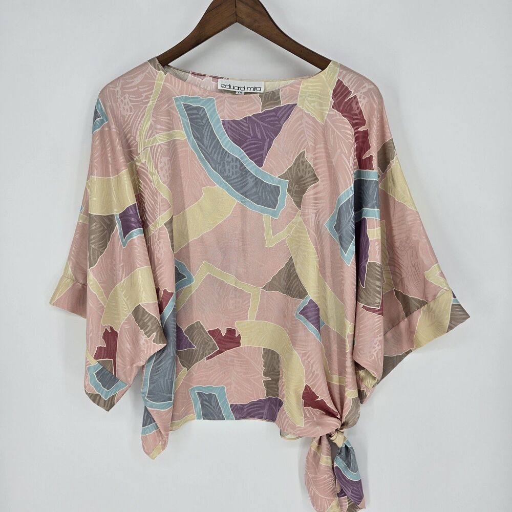 Vintage Eduard Mira Pastel Abstract Tie Side Satin Blouse 14